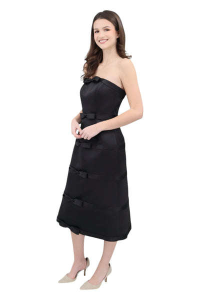 Strapless Bow Tie Tea Length Dress in Black