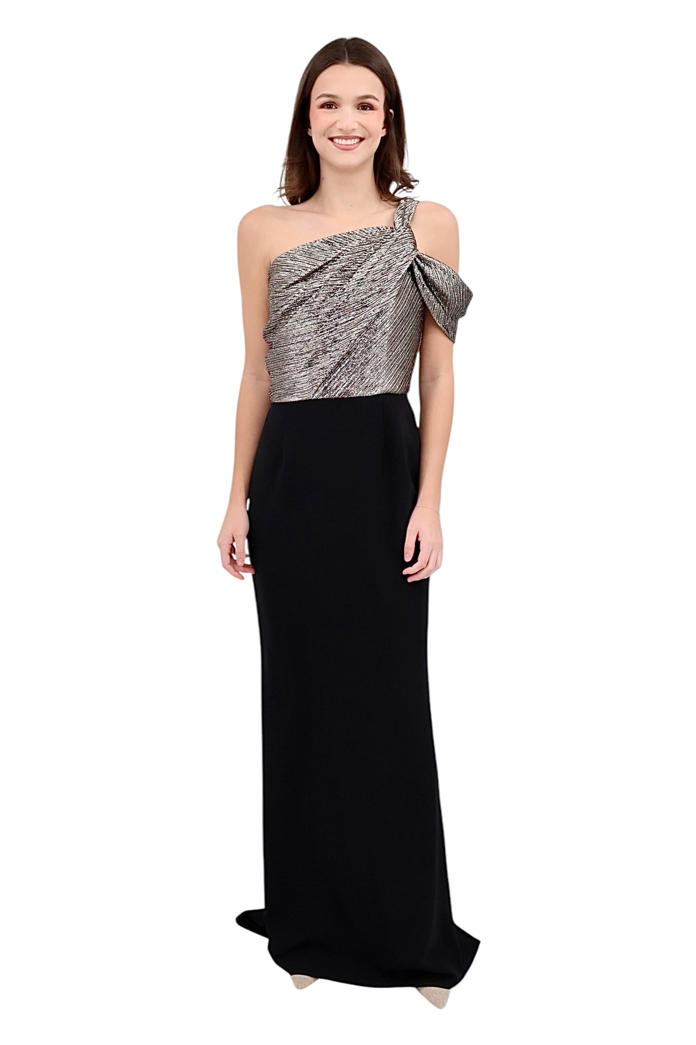 One Shoulder Metallic Detail Gown in Silver/Black