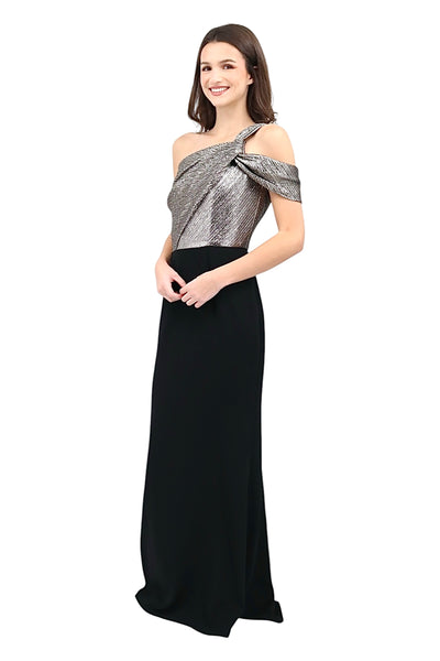 One Shoulder Metallic Detail Gown in Silver/Black