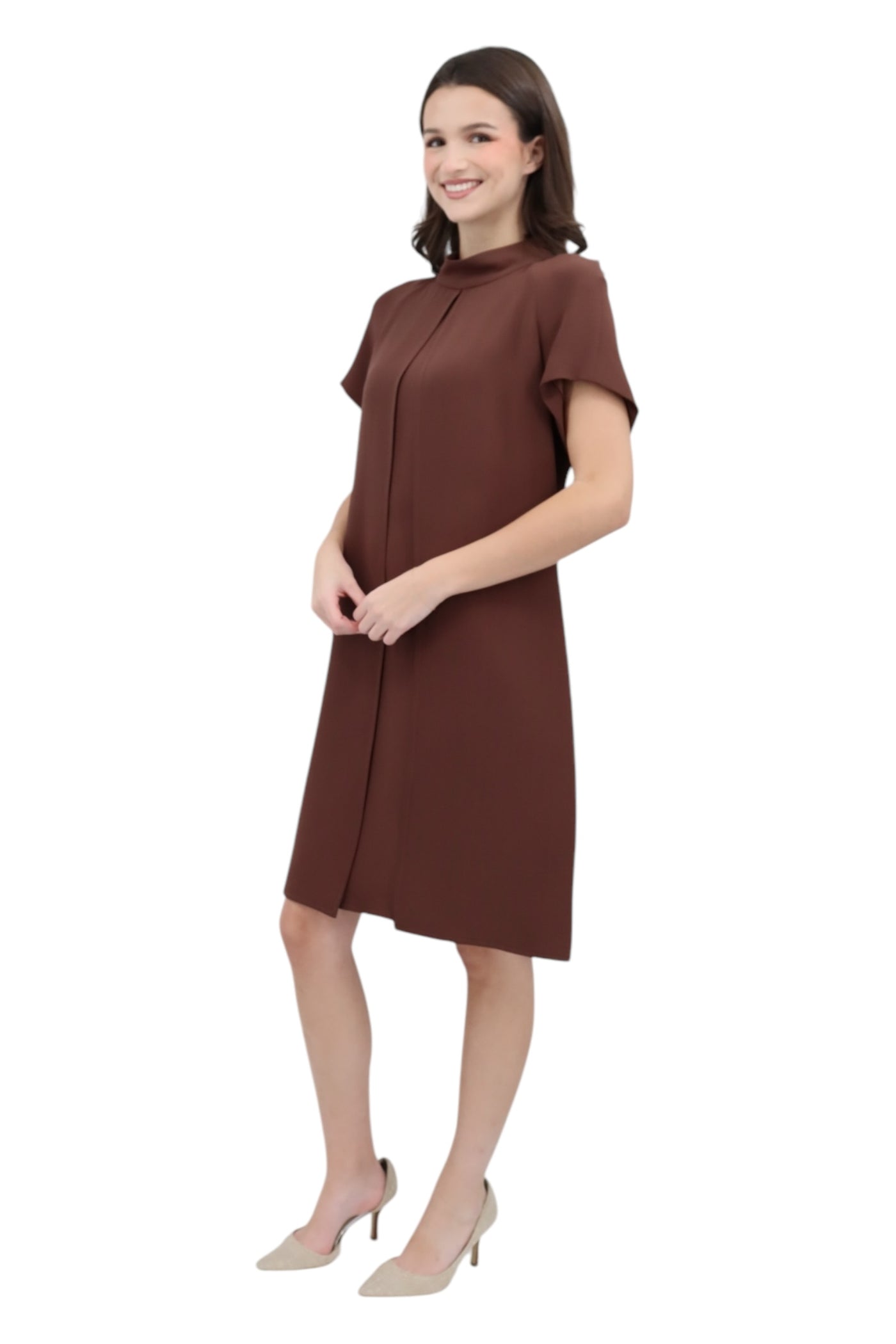 Double Face Georgette Cap Sleeve "Double Play" Dress in Brown