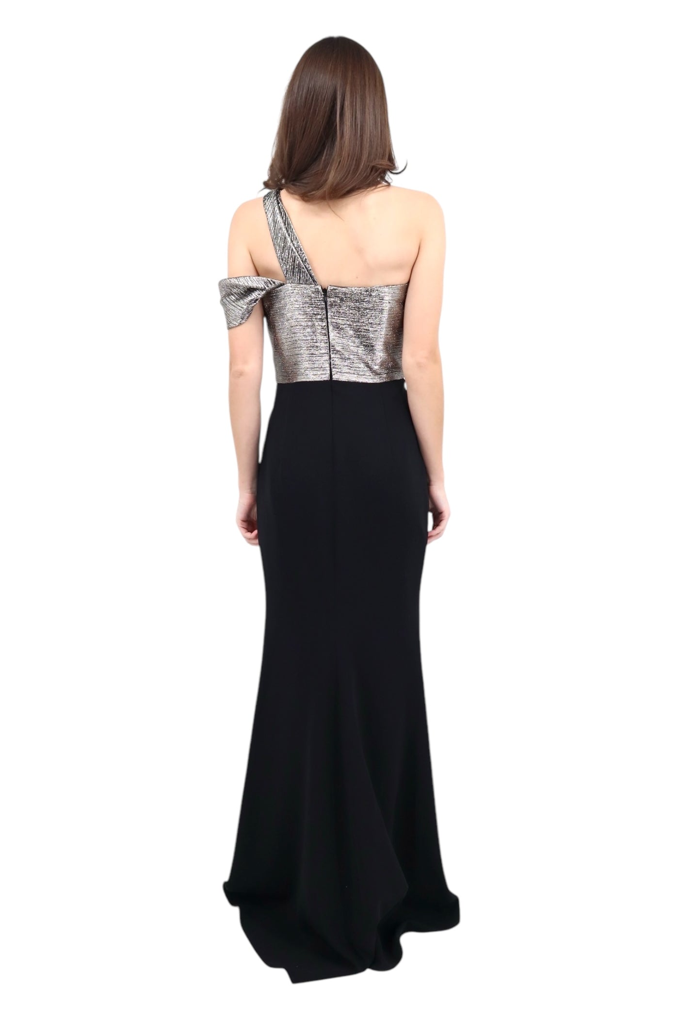 One Shoulder Metallic Detail Gown in Silver/Black