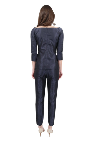 Silk Top and Tapered Pant Set in Navy