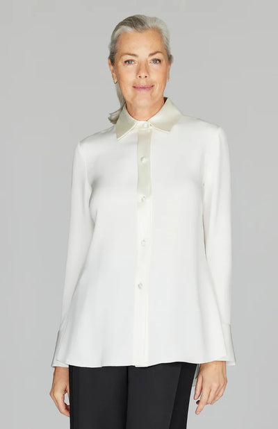 Silk Back Overlap Shirt w/ Satin Trim in Pearl