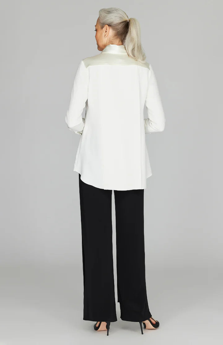 Silk Back Overlap Shirt w/ Satin Trim in Pearl