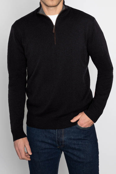 Men's Suede Trim Quarter Zip Mock in Black