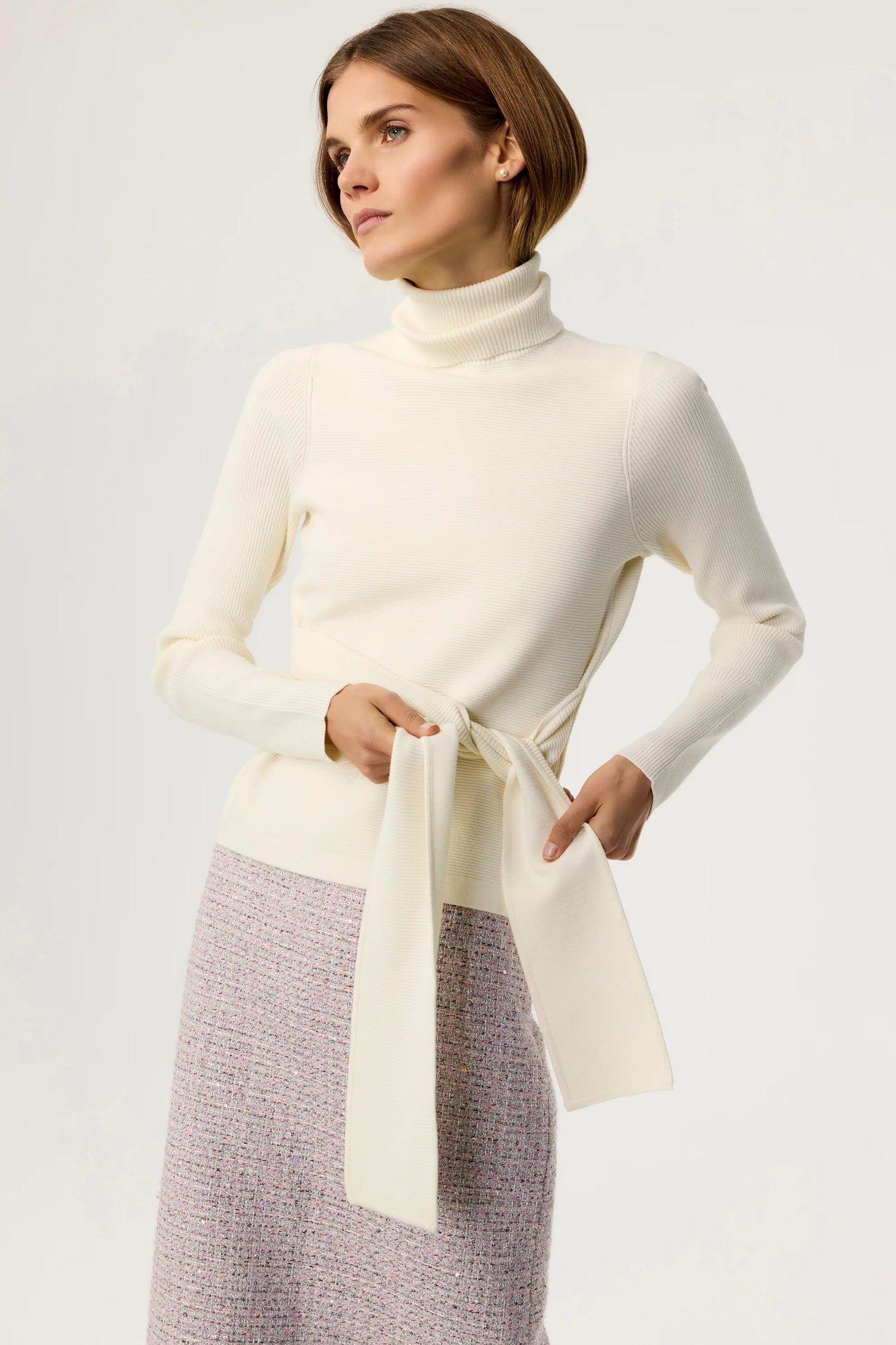 Brielle Long Sleeve Tie-Front Turtleneck in Ivory