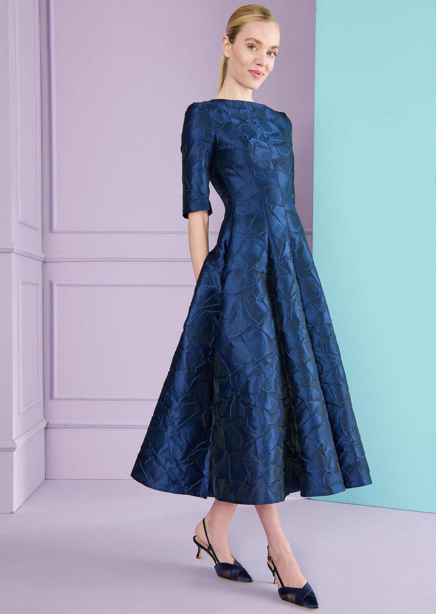 Lisianthus Jacquard Midi Dress in Royal Navy Blue