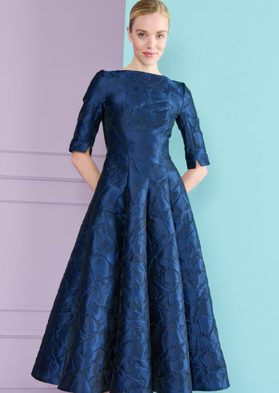 Lisianthus Jacquard Midi Dress in Royal Navy Blue