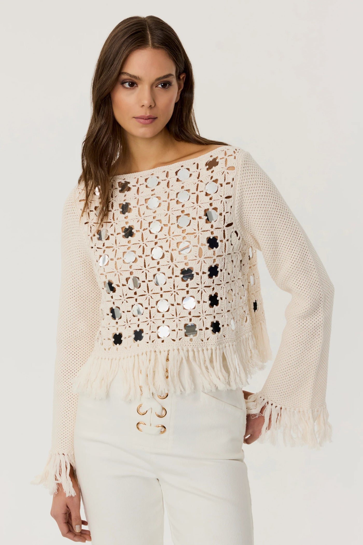 Camilla Mirror Long Sleeve Fringe Top in Ivory