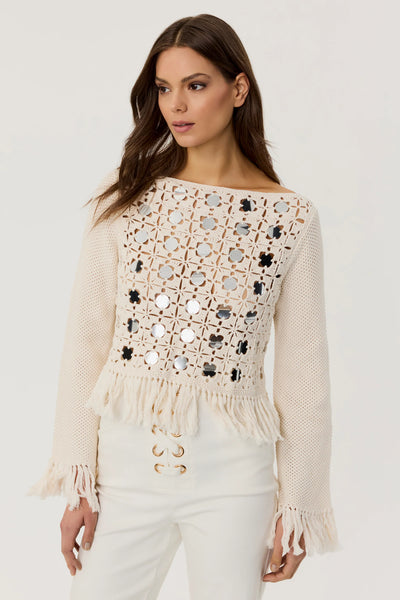 Camilla Mirror Long Sleeve Fringe Top in Ivory