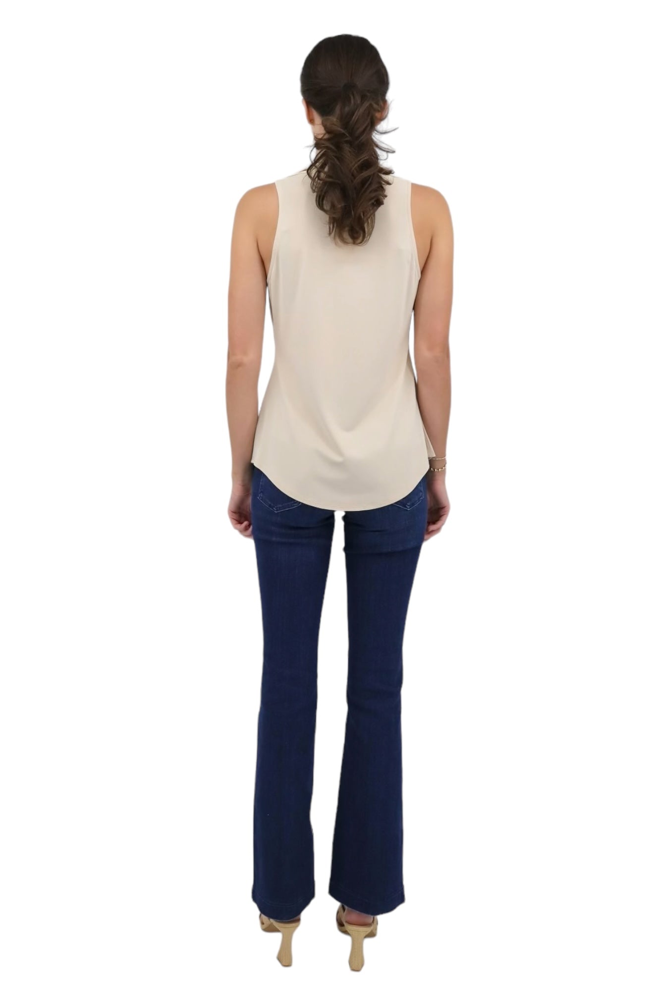 Matte Jersey Sleeveless Pleated V-Neck Top in Champagne