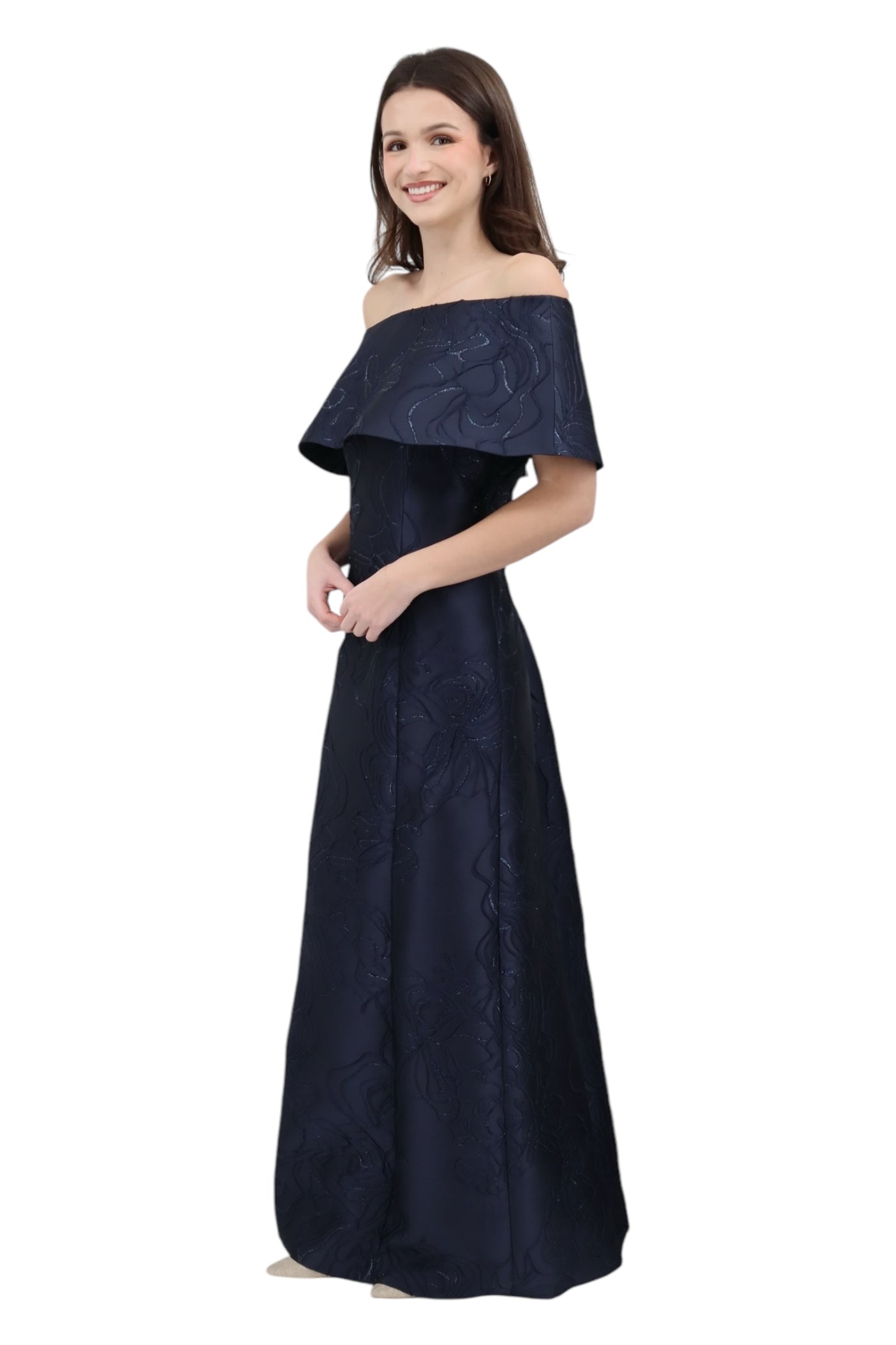 Off-Shoulders Cuff Gown in Navy