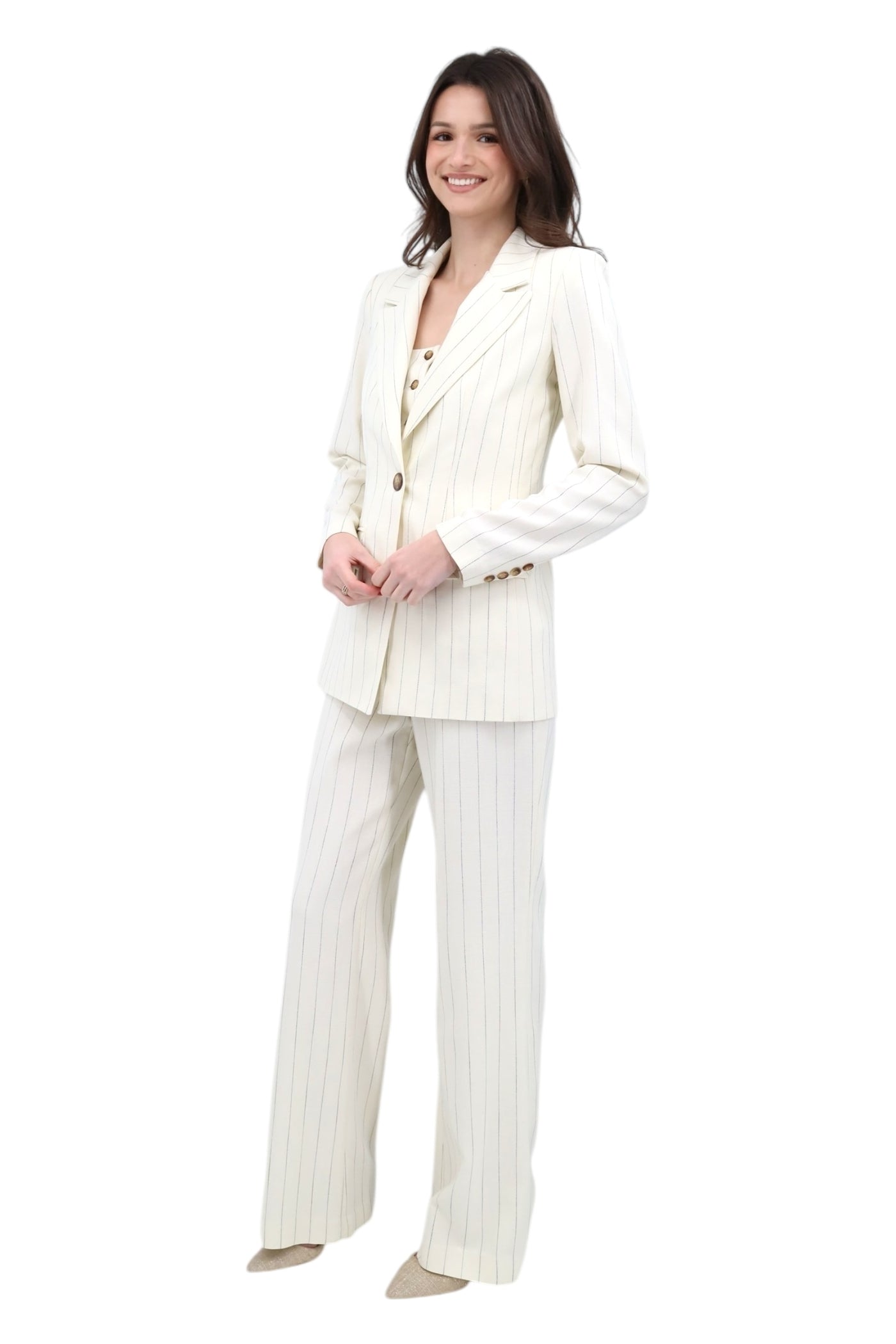 Striped One Button Blazer in Bone/Black