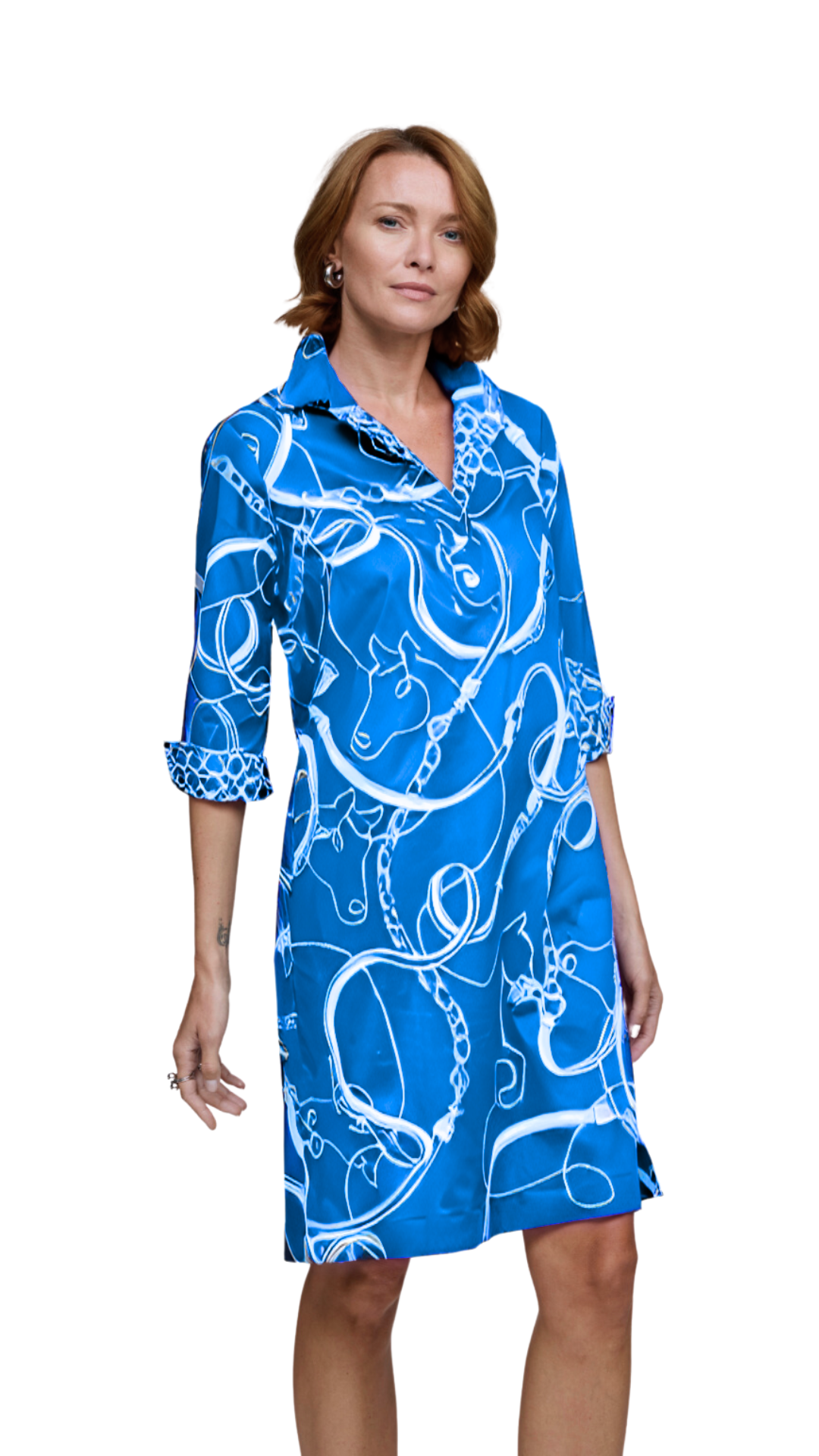 3/4 Sleeve Charlotte Dress in Cerulean/White