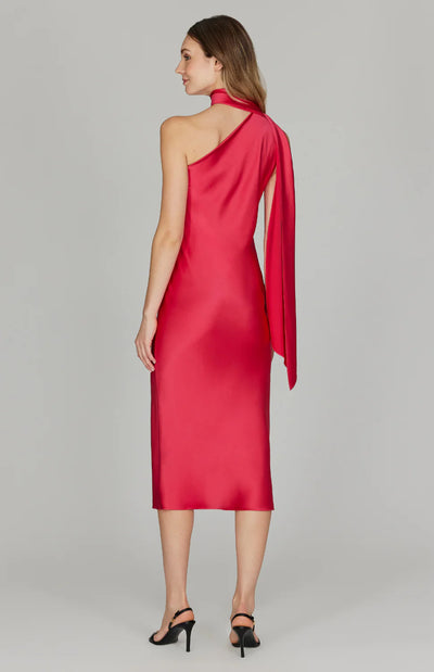 Satin One Shoulder Bias Scarf Dress in Raspberry