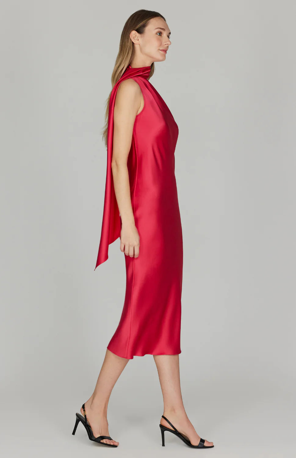 Satin One Shoulder Bias Scarf Dress in Raspberry