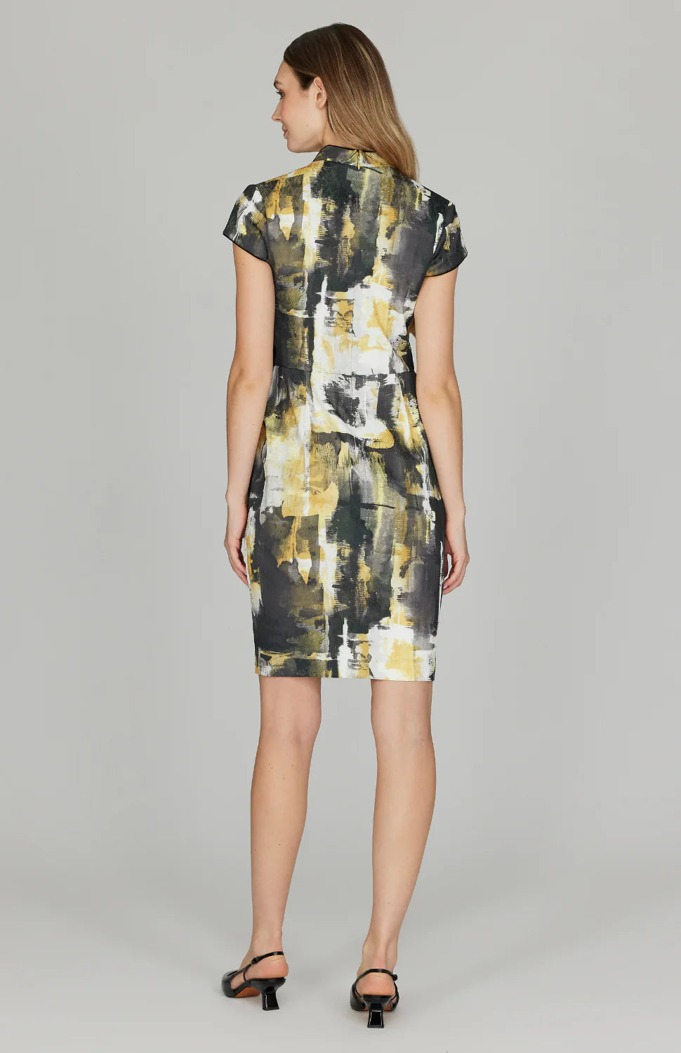 Abstraction Stretch Jacquard High Neck Fitted Dress w/ Cap Sleeves