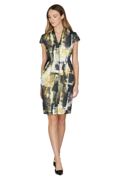 Abstraction Stretch Jacquard High Neck Fitted Dress w/ Cap Sleeves