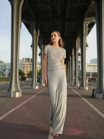 Crystalized Stretch Sequin Tee in Silver