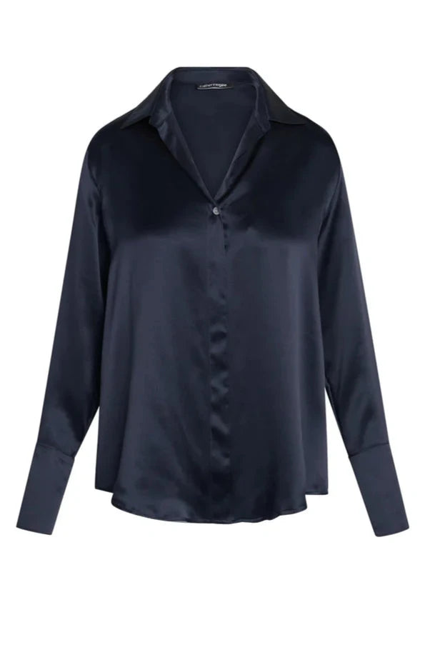 Daria French Cuff Silk Blouse in Midnight Navy