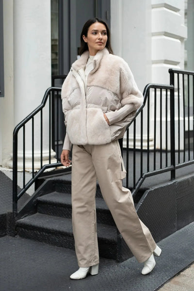 Mink/ Down Puffer Jacket w/ Knit Sleeves in Cream