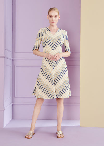 Cotton Jacquard Stripes Dress in Sand