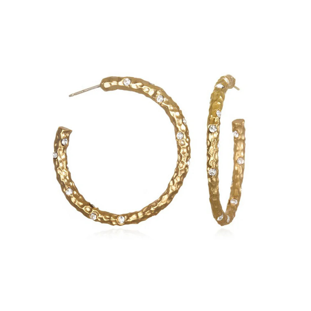 1.5" Gold Hammered Pavia Hoops w/ Crystals