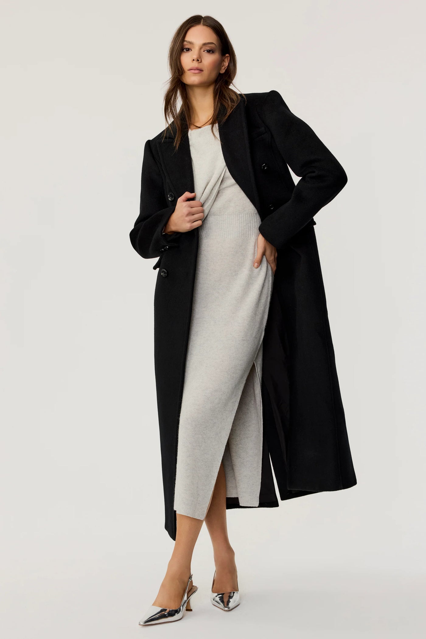 Bria Strong Shoulder Double Breasted Tailored Coat in Jet