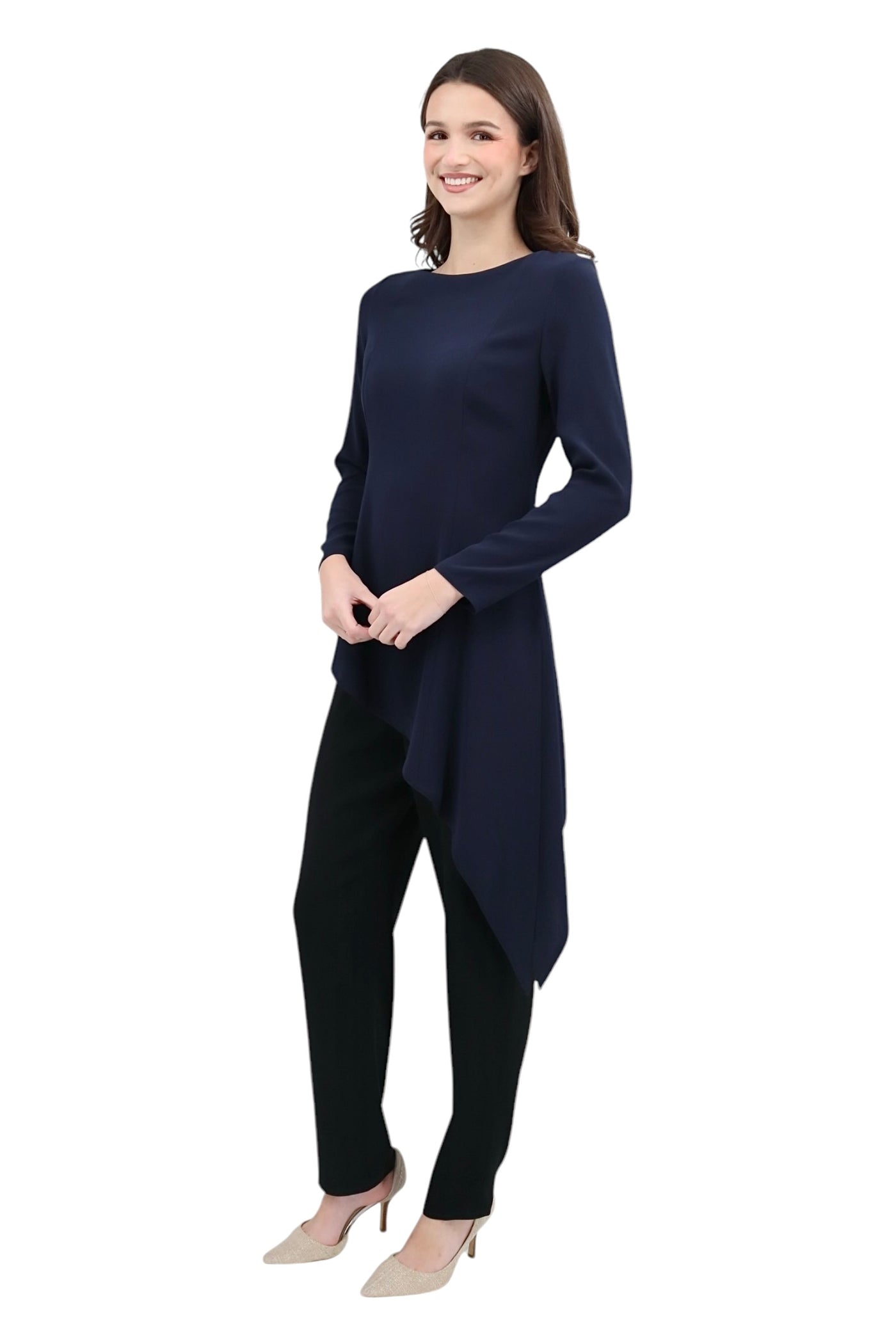 Matte Crepe Bateau Neck Peplum Top With Long Sleeves Dark Navy