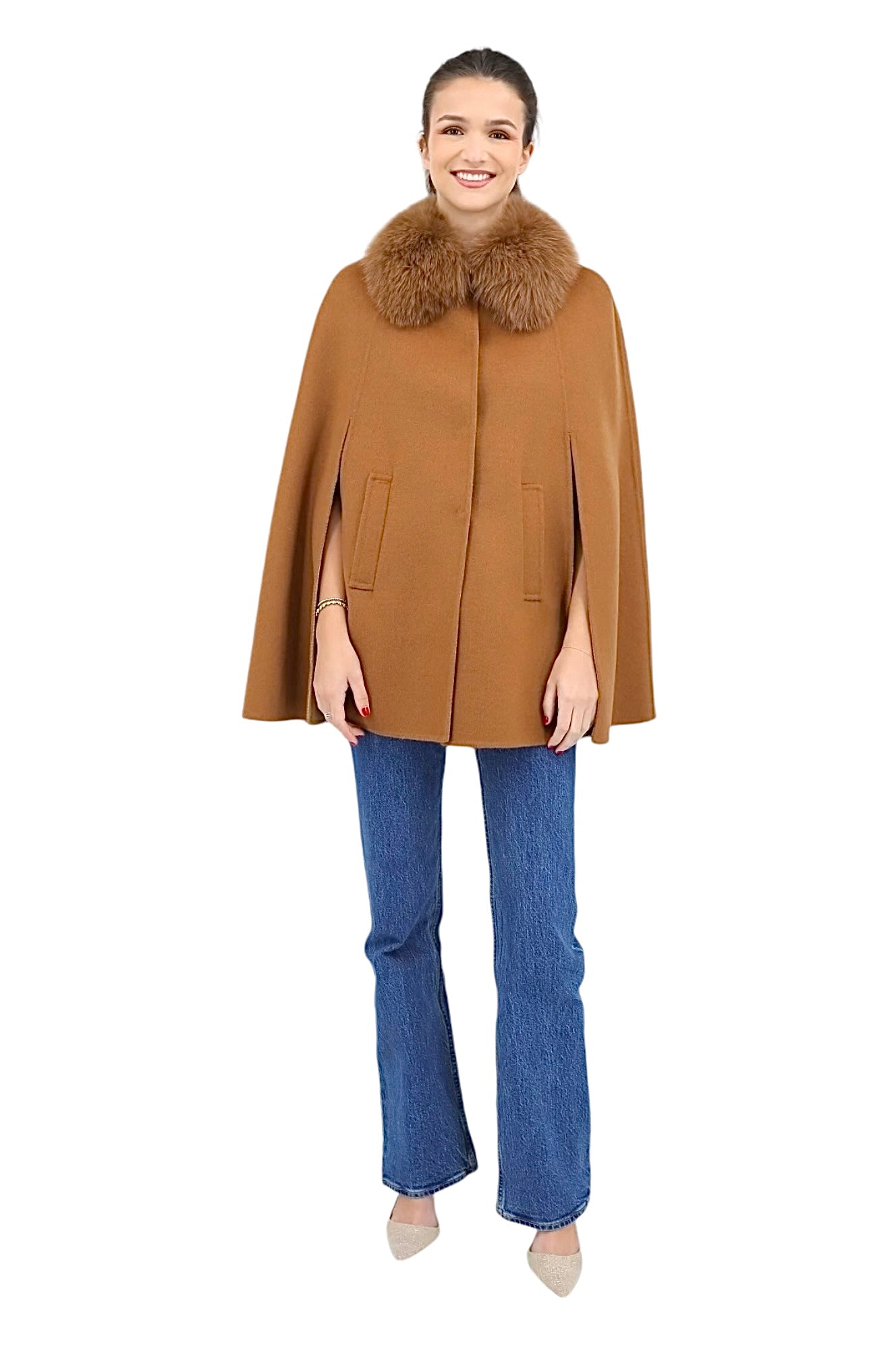 Classic Cape With Slit Removable Fox Collar Camel