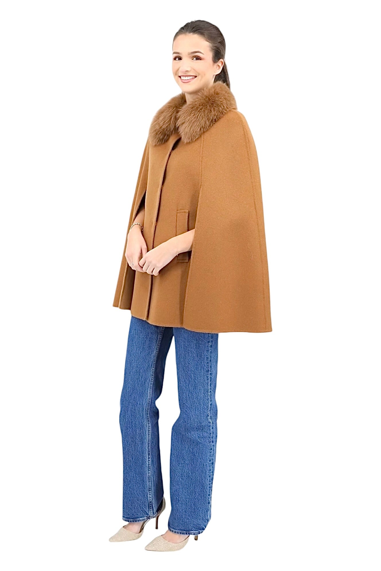 Classic Cape With Slit Removable Fox Collar Camel