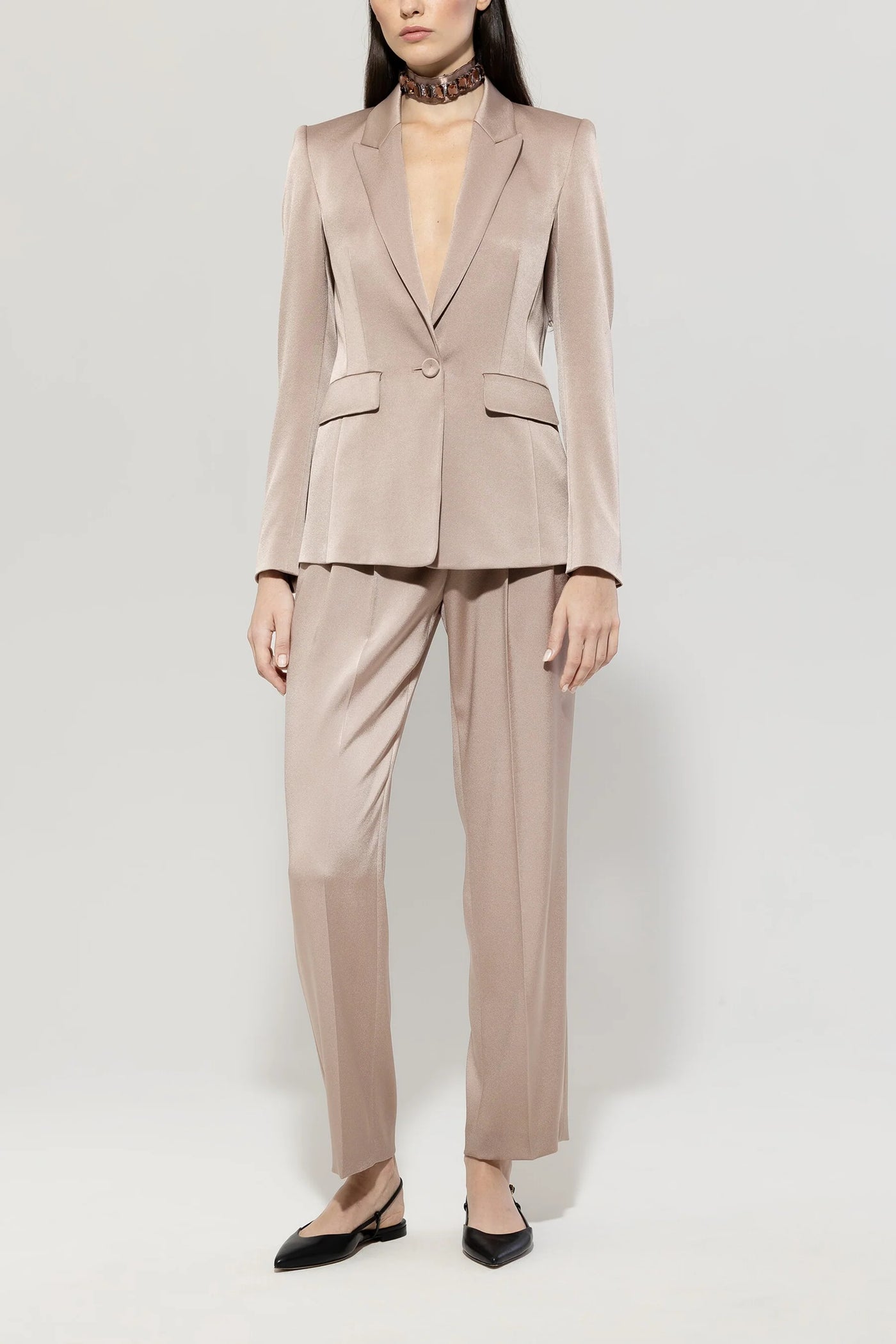 Satin One-Button Blazer in Mushroom