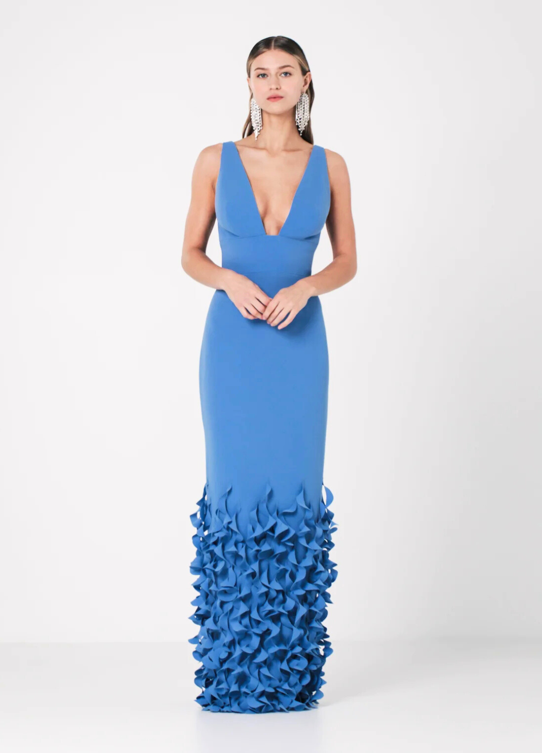 V-Neck Gown with Spiral Hem in Periwinkle