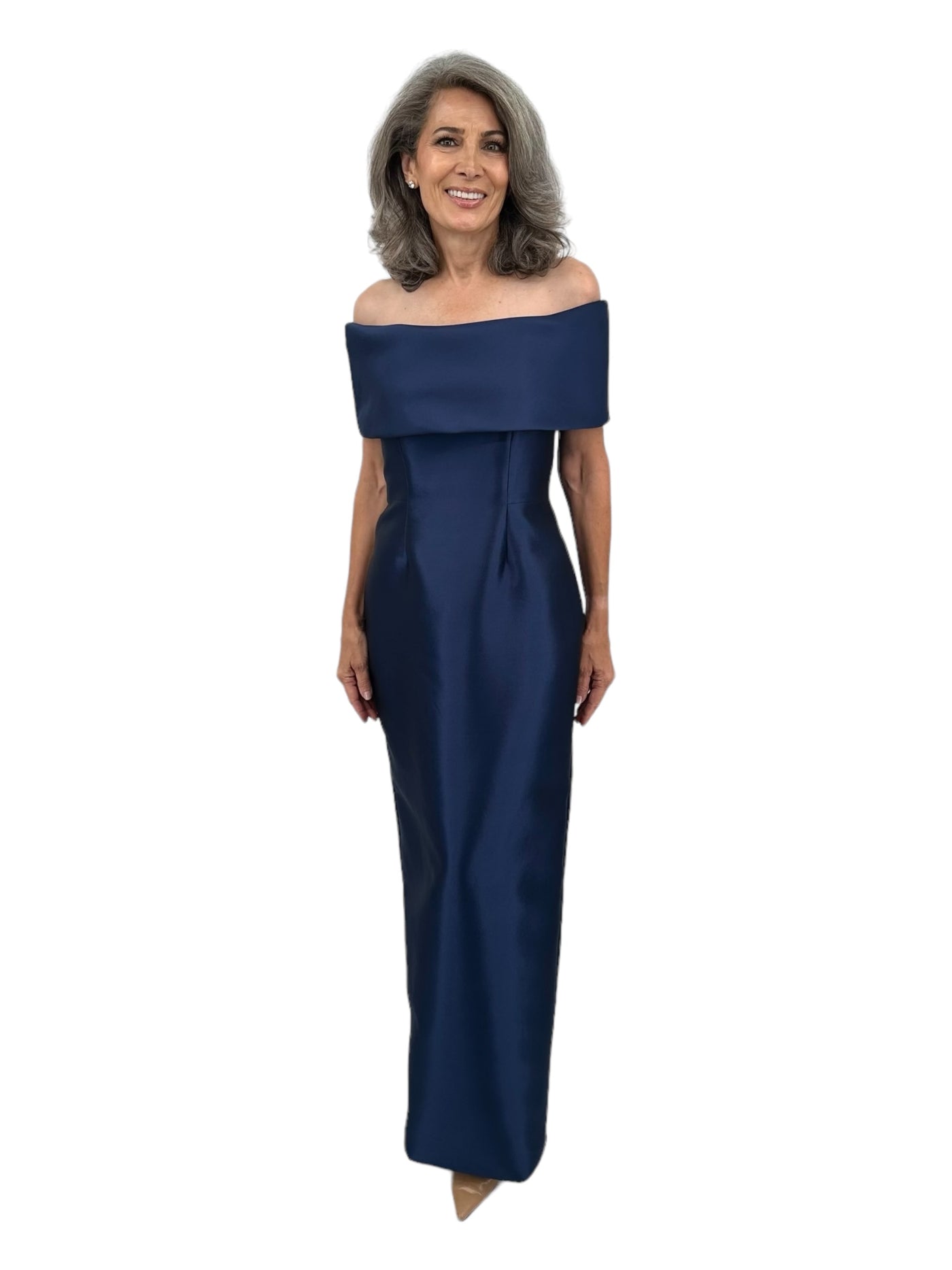 Off Shoulder Roll Collar Gown w/ Plain Hem in Navy