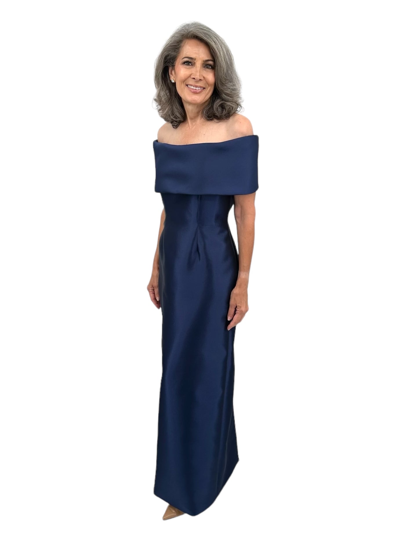 Off Shoulder Roll Collar Gown w/ Plain Hem in Navy