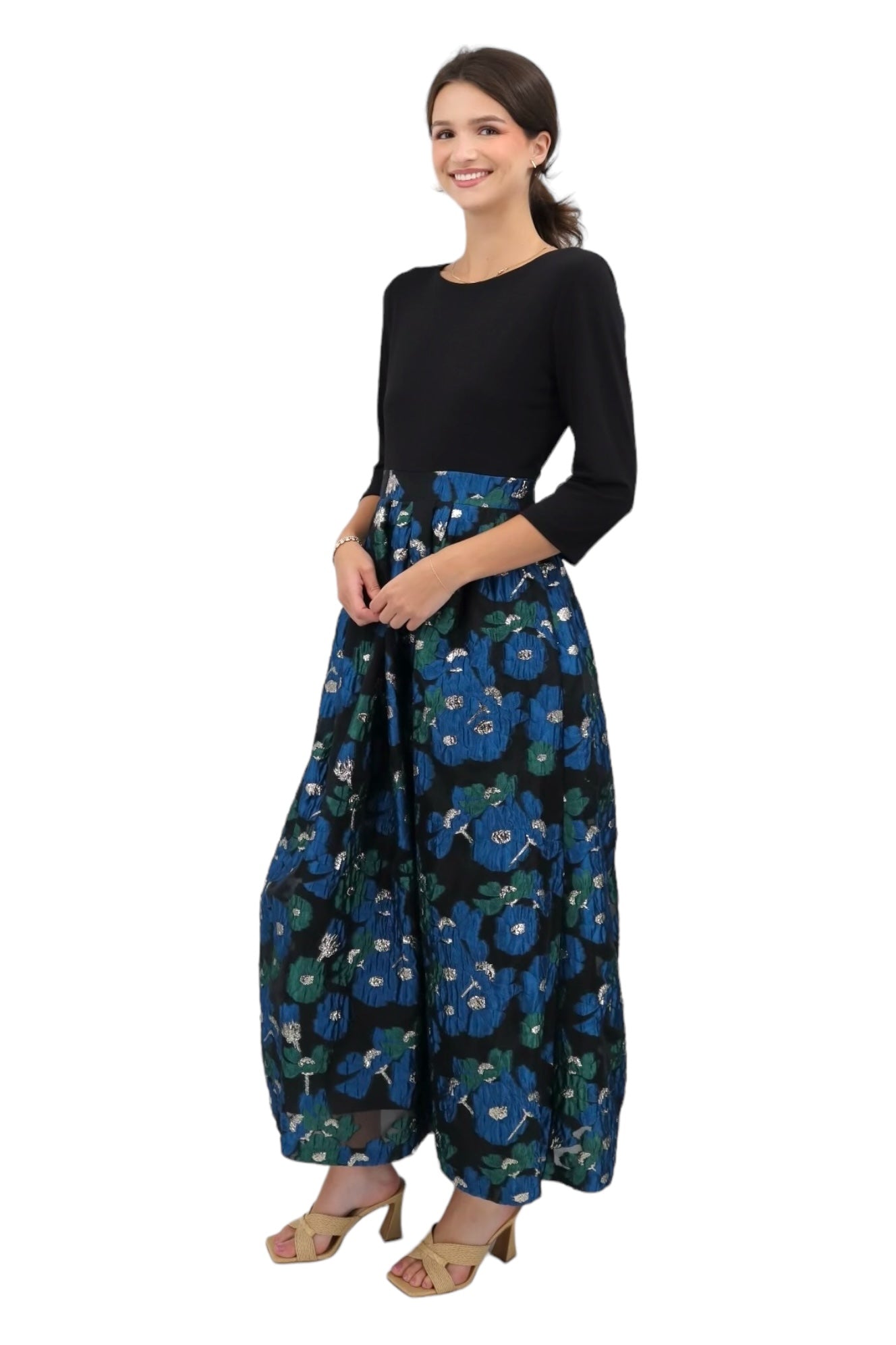 Jersey Top Jacquard Skirt Dress in Black/Teal