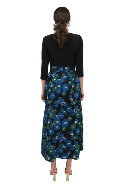 Jersey Top Jacquard Skirt Dress in Black/Teal