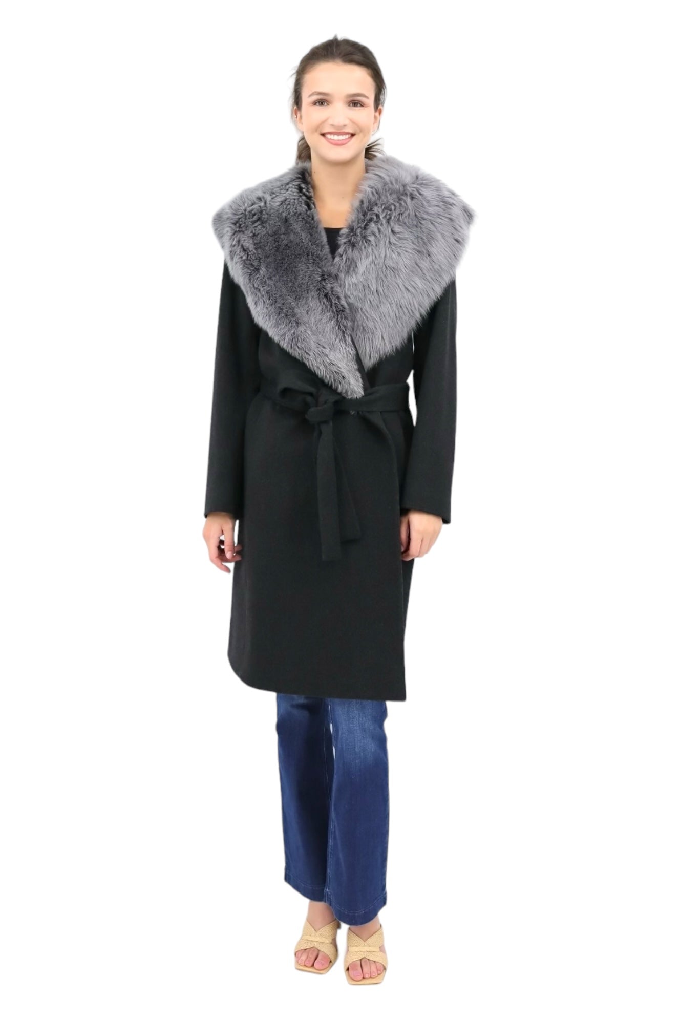 Wrap Coat with Toscana Collar in Charcoal/Brisa Shearling