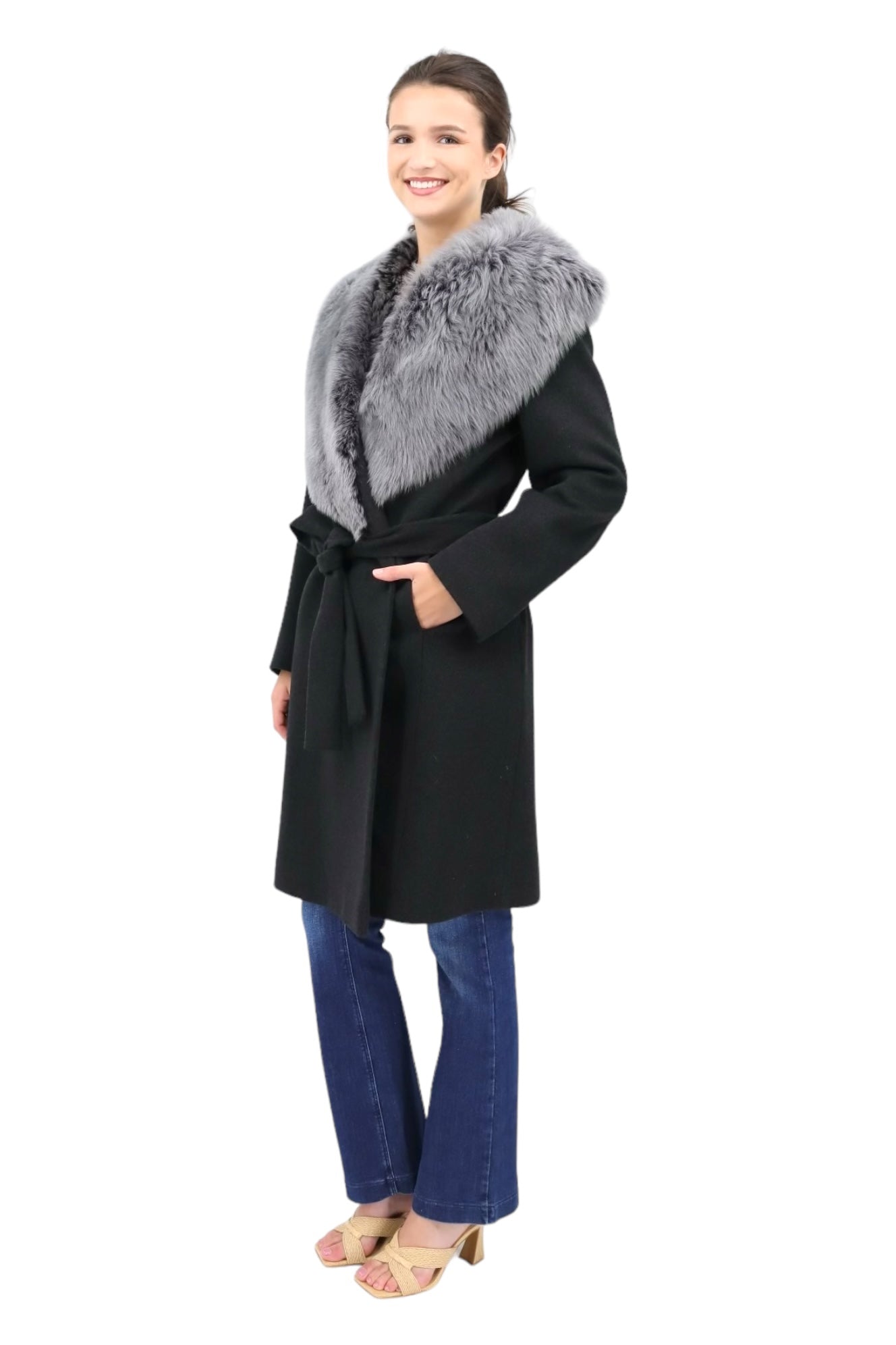 Wrap Coat with Toscana Collar in Charcoal/Brisa Shearling