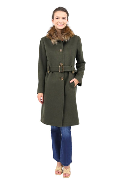 Wool Stand Collar Belted Coat in Army W/ Smokey Fox Fur