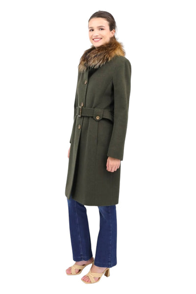 Wool Stand Collar Belted Coat in Army W/ Smokey Fox Fur