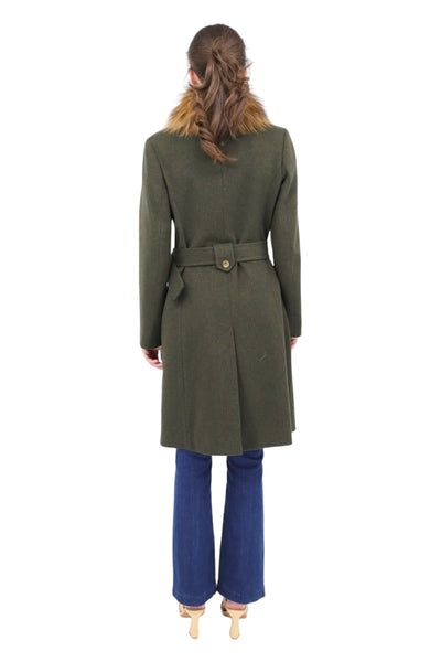 Wool Stand Collar Belted Coat in Army W/ Smokey Fox Fur