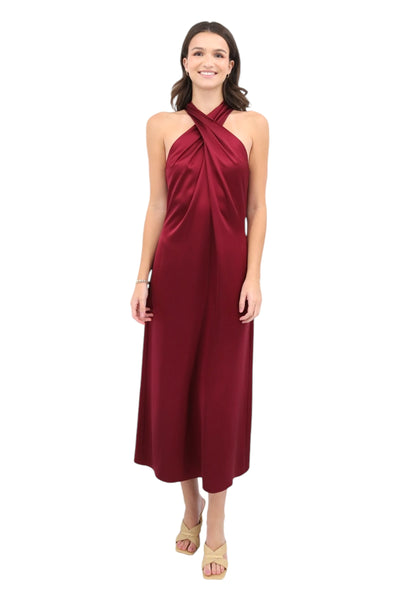 Satin Crossover Neck Dress Red Dahlia