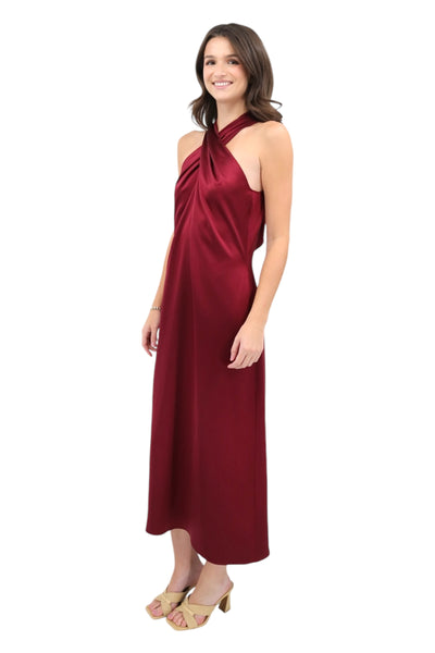 Satin Crossover Neck Dress Red Dahlia