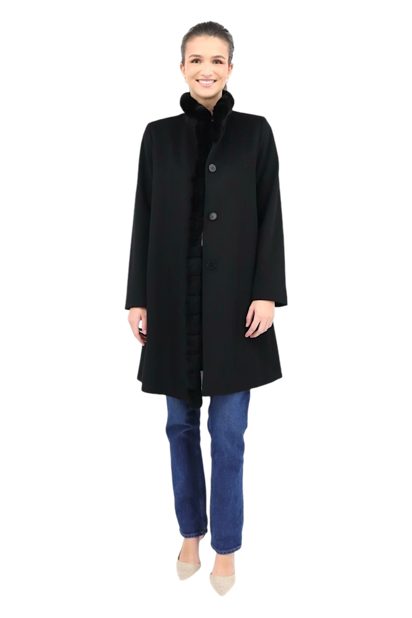 Rex Rabbit Trim Wool Coat in Black