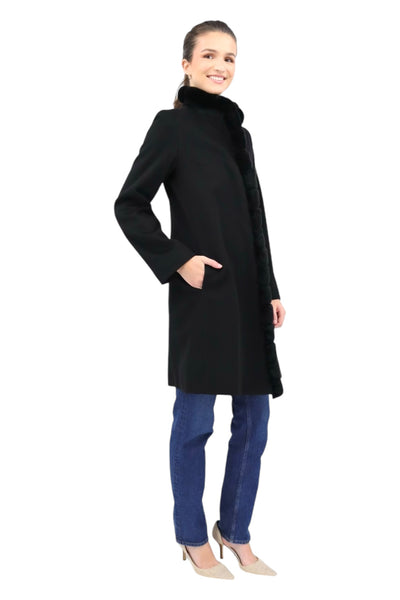 Rex Rabbit Trim Wool Coat in Black