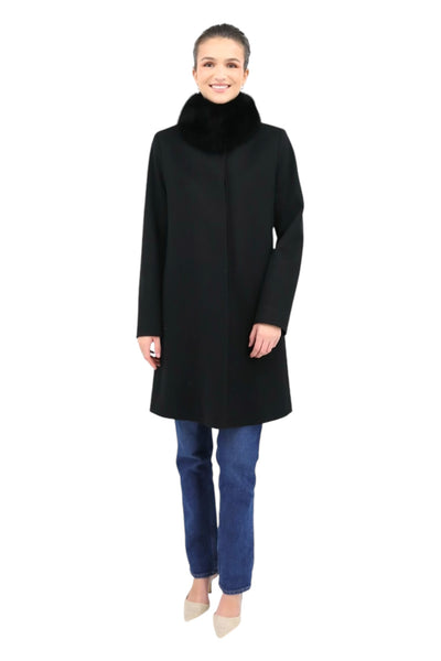 Wool Coat With Fox Collar in Black