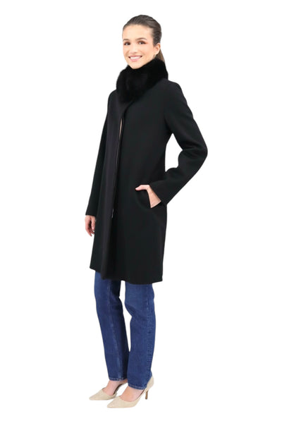 Wool Coat With Fox Collar in Black