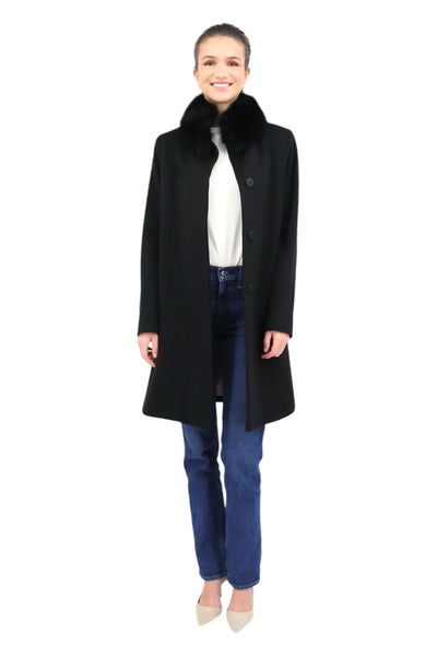 Wool Coat With Fox Collar in Black