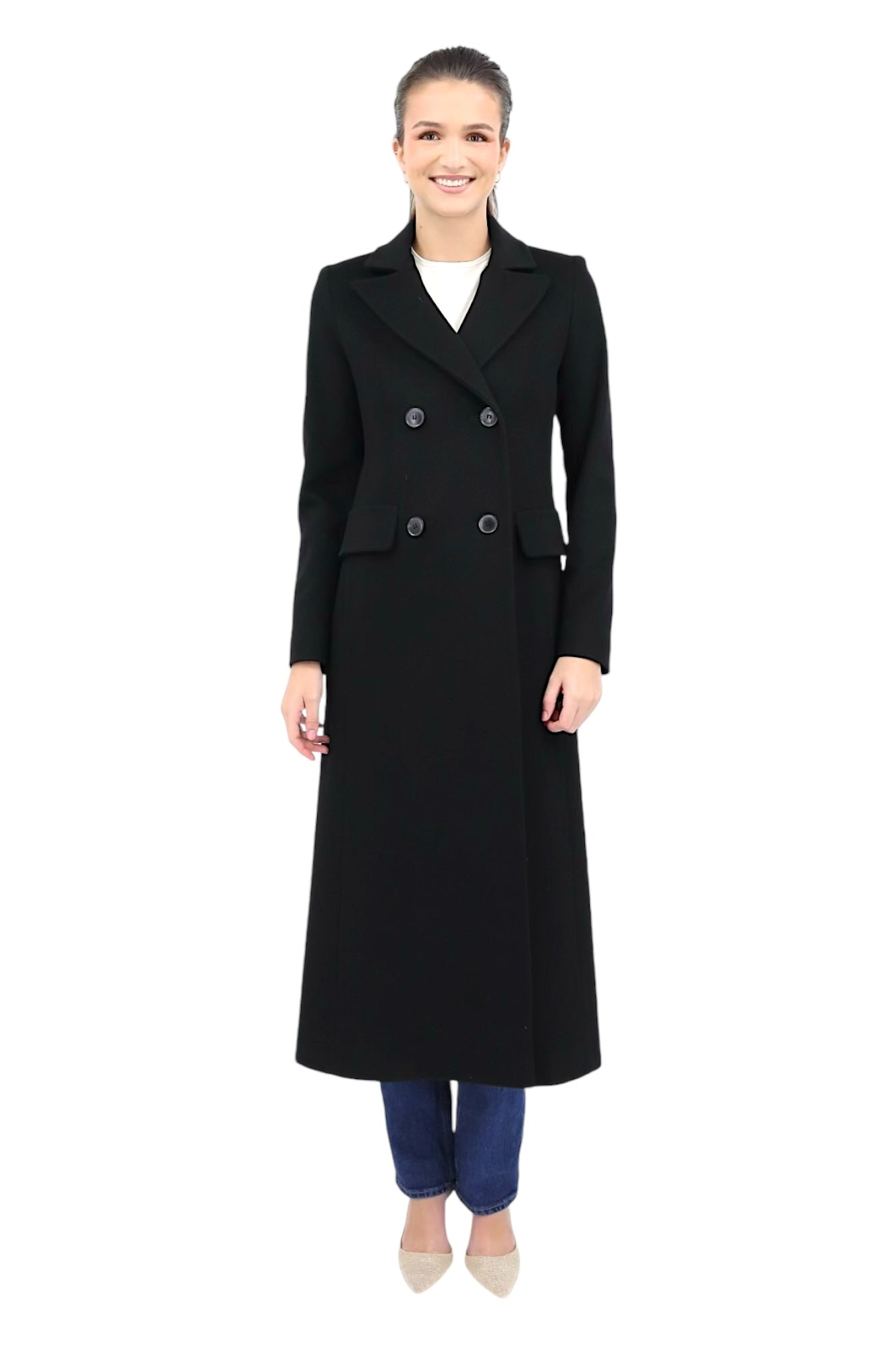 Long 100% Wool Coat in Black